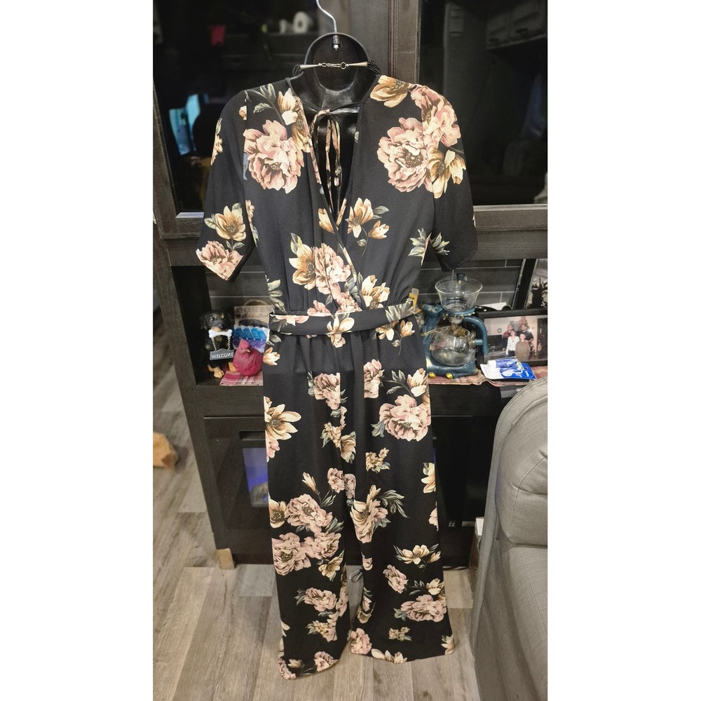 Black Floral Wrap Romper Wide Leg Boho Chic Belted Flowy Jumpsuit western flow S - Picture 6 of 12